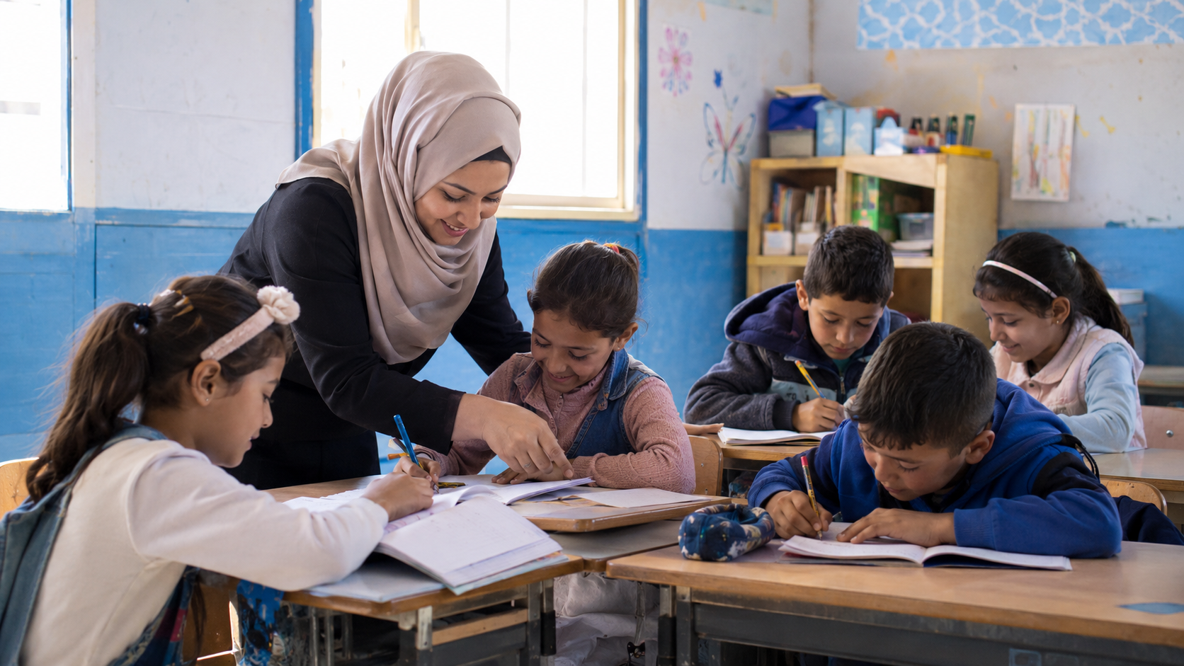 معلمة تساعد الطلبة على مواصلة تعليمهم في صف مؤقت خلال الحرب التصنيف الصغير: التعليم خلال الحرب